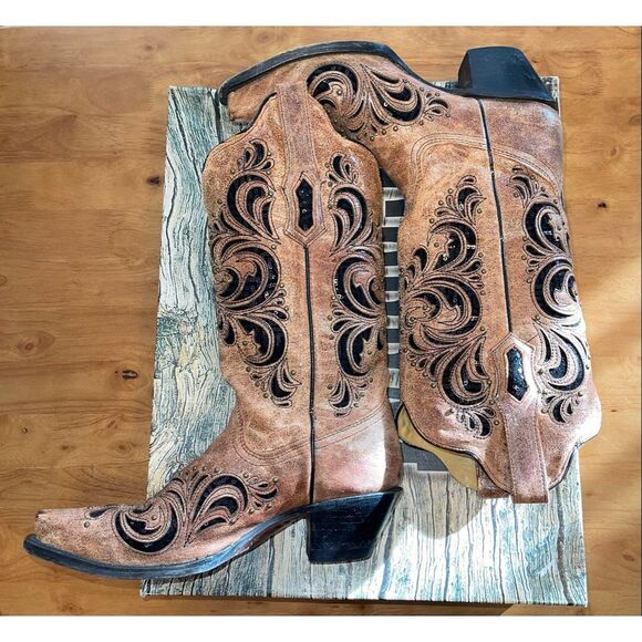 Corral Tan Western Boot Snip Toe Women's Size 8M Inlay Pattern - Picture 3 of 9
